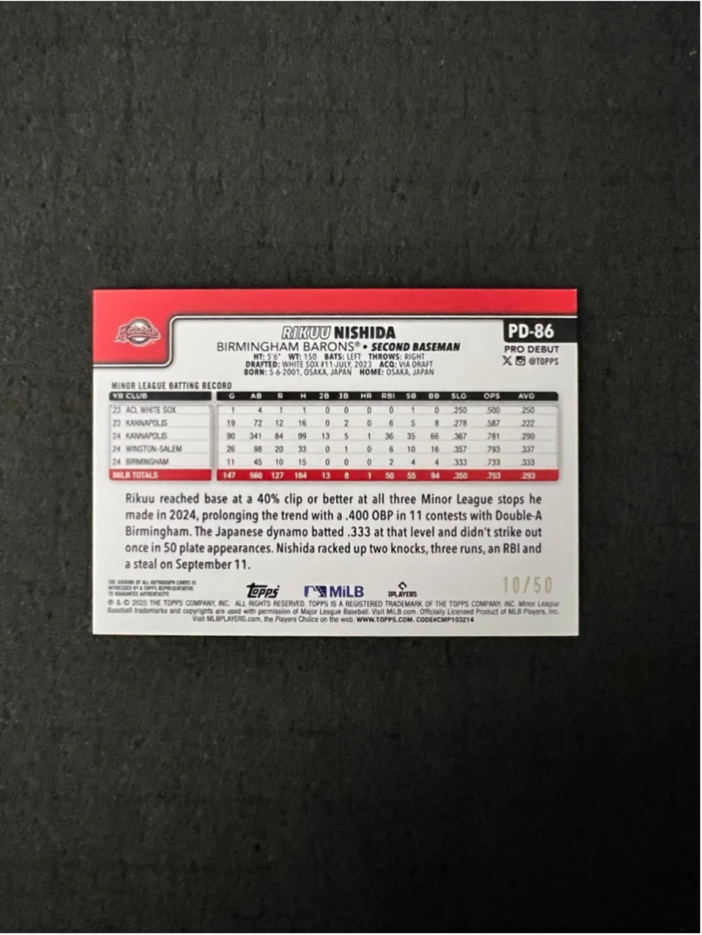 RIKUU NISHIDA - 2025 Topps Pro Debut - Auto #10/50 Gold Foil - Picture 2 of 2